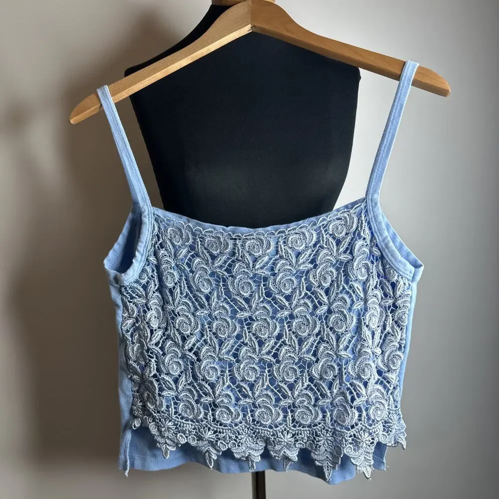 Vintage Awesome Wear Blue Lace Overlay Floral Crop Top Cami Size 3X Fits Medium - Picture 8 of 11